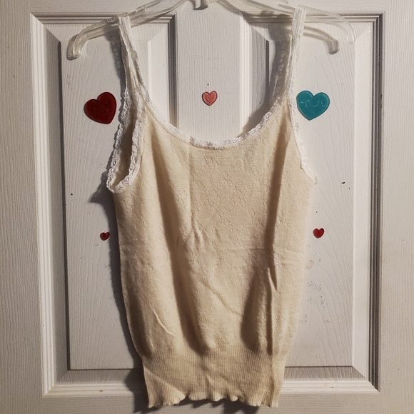 5 for $20 Y2K Style Pastel Yellow Floral Knit Tank Top with Ribbed and Lace Trim - Picture 8 of 16